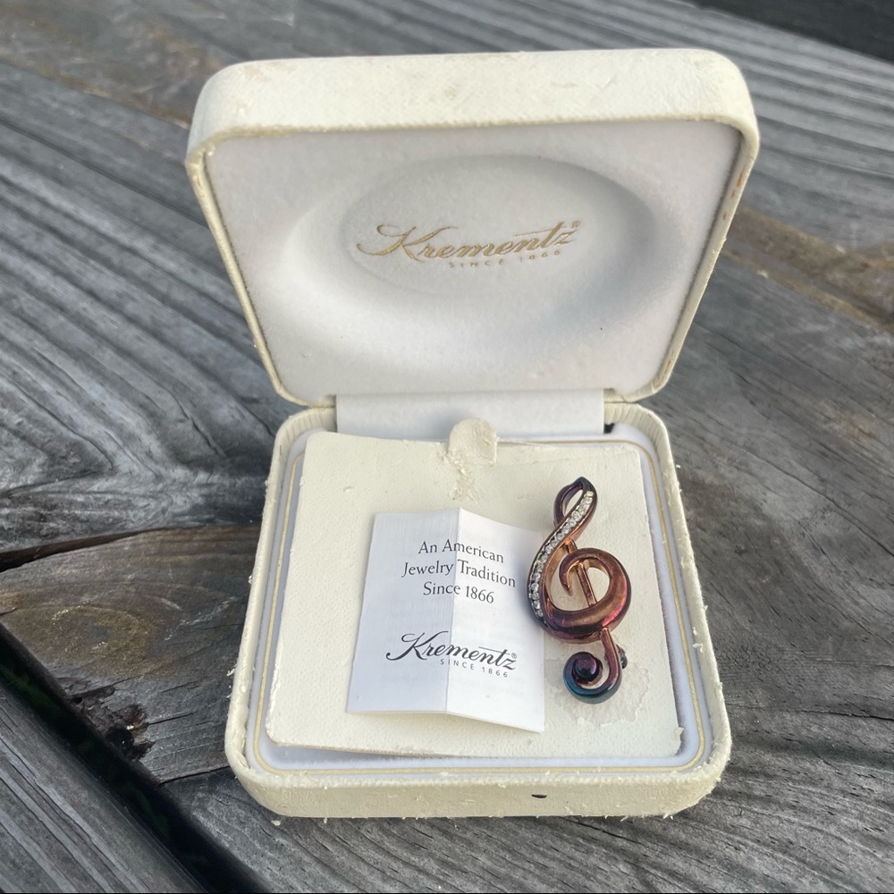 VTG Pin Brooch KREMENTZ Music Note Clef Tremble Silver Tone Crystal Swarovski